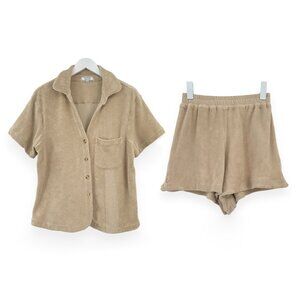 NWOT Frankies Bikinis 2-Piece Beige "Coco" Terrycloth Shirt & Shorts Set sz M